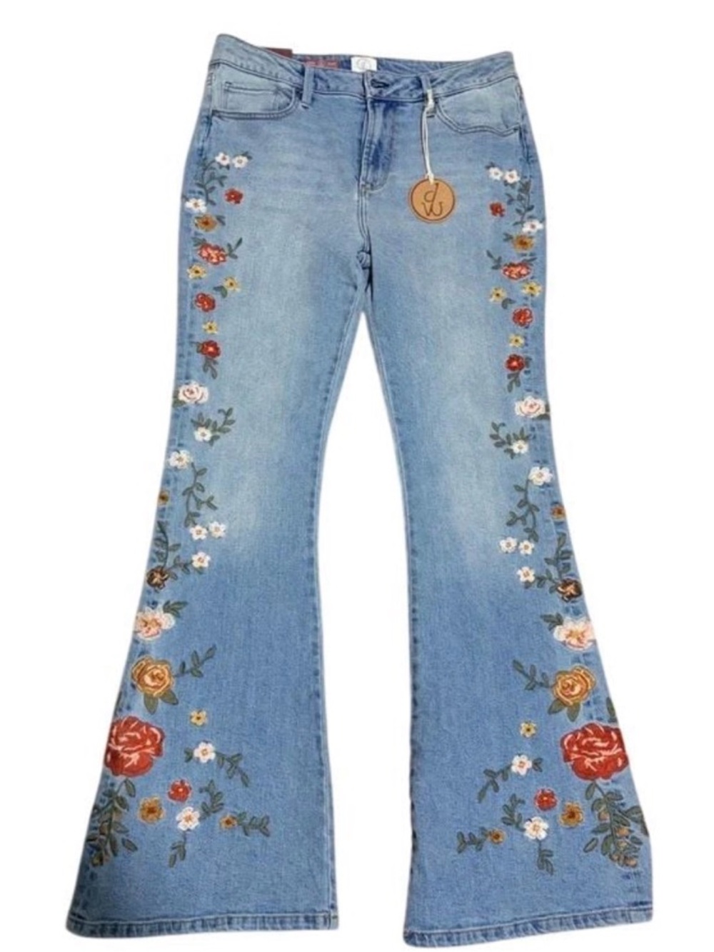 DRIFTWOOD Light Blue Embroidered Floral Flare Jeans 8 x 31” inseam stretch high